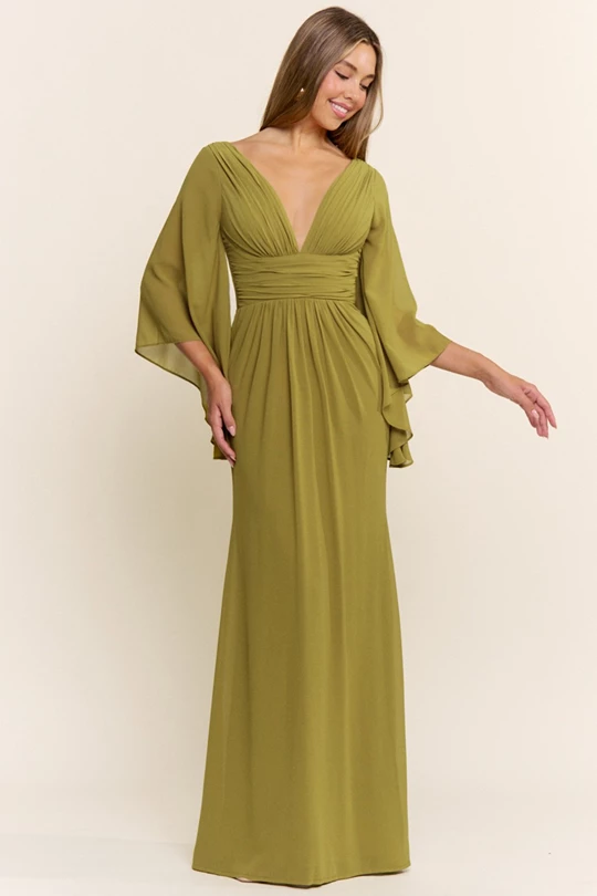 Vestido de Noche Largo Modelo 1049 con Escote en V y Mangas Acampanadas — vista 5